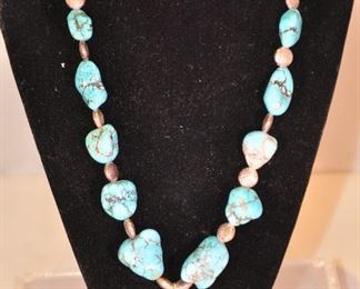 TURQUOISE NUGGETS AND SILVER BEAD NECKLACE. OUR PRICE $125.00