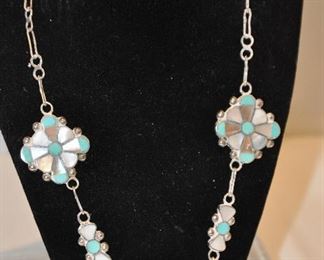 VINTAGE NAVAJO SILVER, TURQUOISE AND MOTHER OF PEARL INLAID FLOWER 20" NECKLACE AND CLIP EARRING SET. OUR PRICE $195.00
