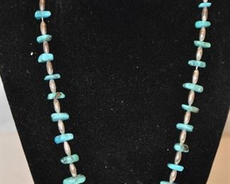 VINTAGE SOUTHWEST TURQUOISE BEAD AND SILVER 20" NECKLACE, TOTAL WEIGHT 31.6G. OUR PRICE $95.00  