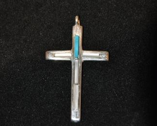 VINTAGE SILVER, TURQUOISE AND MOTHER OF PEARL CROSS PENDANT, 1.75"H X 1" OUR PRICE $40.00