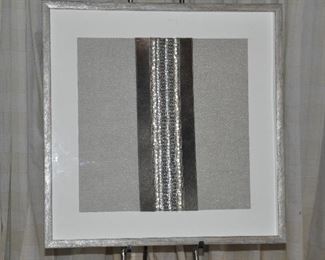 PRICE REDUCED!!  FRAMED AND MATTED SILVER SEQUENCE AND BEADS ON VELVET FABRIC DISPLAYED ON A GREY BURLAP BACKGROUND. 31.5"W x 25.5". PRICED AT $85. 
