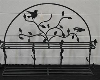 GREEN WROUGHT IRON INDOOR/OUTDOOR  2 SHELF WALL PLANT RACK WITH DECORATIVE LEAF AND BIRD DESIGN, 34.5"W X 23"H X 8"D. OUR PRICE $48.00