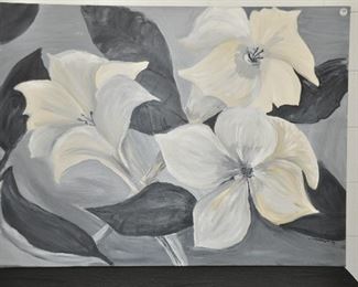 PRICE REDUCED!!  WONDERFUL BLACK, WHITE AND GREY LARGE CANVAS ART, SIGNED 48" X 36" OUR PRICE $95.00 
