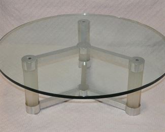 MID CENTURY CHROME AND ACRYLIC COLUMN BASE COFFEE TABLE  WITH A THICK GLASS TOP.  OUR PRICE $300.00
