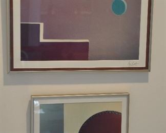 PRICE REDUCED! PAIR OF PENCIL SIGNED GEOMETRIC PRINTS, LARGE: 16.25" X 12.25" AND SMALL:11.25" X 8.25". OUR PRICE $195.00 PAIR  