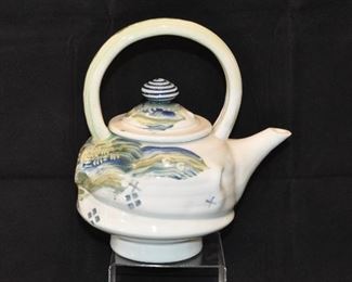 PRICE REDUCED!  1986 MICHAEL CRUMB STUDIO ART POTTERY TEA POT WITH LID, 9.5” W x 10”H. OUR PRICE $75.00  