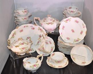 PRICE REDUCED! SWEET ANTIQUE C. AHRENFELDT DEPOSE LIMOGES 42 PIECE FINE CHINA DESSERT SET. INCLUDES: ELEVEN 7.5" PLATES, 12 CUPS AND SAUCERS, ONE 5.5"BOWL, ONE 11" PLATTER, ONE 5.5" TEAPOT, AND A CREAMER AND SUGAR. OUR PRICE $195.00   