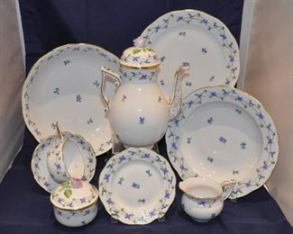 PRICE REDUCED! PHENOMENAL HEREND "BLUE GARLAND" SET INCLUDES EIGHT EACH OF 10" DINNER, 7.25" SALAD, 9.5" SOUP, 6" BREAD AND BUTTER AND CUPS AND SAUCERS. ALSO INCLUDED IS THE COFFEE POT, CREAM AND SUGAR AND 10.5" ROUND SERVING BOWL. ALL 54 PIECES IN LIKE NEW CONDITION! OUR PRICE $2575.00  