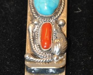 SOUTHWEST INDIAN RED CORAL AND BLUE TURQUOISE SILVER MONEY CLIP . 21.0G. OUR PRICE $85.00