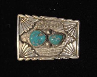 SOUTHWEST INDIAN SILVER AND TURQUOISE PENDANT/BOLO WITH 2 BAROQUE SHAPED BLUE TURQUOISE BEZEL SET STONES. 43.5G. OUR PRICE $165.00