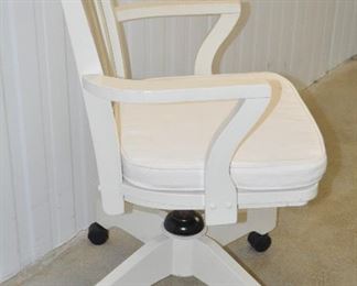 SIDE VIEW OF THE WOODEN POTTERY BARN ARM SWIVEL DESK CHAIR ON CASTERS! TWO AVAILABLE! OUR PRICE $135.00 EACH