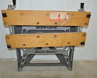 VINTAGE BLACK AND DECKER WORKMATE WORKBENCH FOLDS DOWN FOR EASY STORAGE.