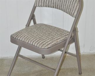 SET OF FOUR TAUPE SAMSONITE GREY, TAUPE AND BEIGE UPHOLSTERED FOLDING CHAIRS. OUR PRICE $65.00