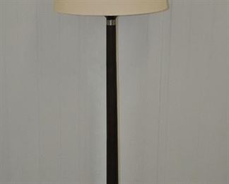 FANTASTIC HEAVY FLOOR LAMP WITH BROWN FAUX  WOOD AND IVORY SHADE. OUR PRICE $95.00