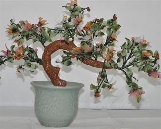 WONDERFUL VINTAGE JADE/AGATE/GLASS CHINESE BONSAI FLOWER TREE IN CELADON PLANTER. 14”H X 16”W. OUR PRICE $75.00
