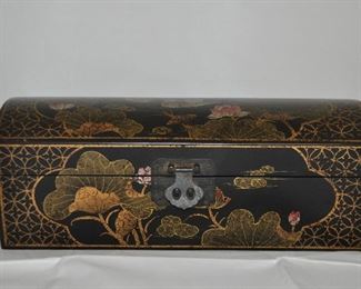 ASIAN DECORATIVE WOODEN BOX PAINTED BLACK AND CARMEL FLORAL DESIGN. 15”W X 5.5”H X 5”D. OUR PRICE $45.00
