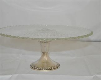 WEIGHTED VINTAGE DUCHIN CREATION STERLING SILVER FOOTED GLASS CAKE/DESSERT STAND. 10.75" W  X 4.25"H 3/4". OUR PRICE $30.00