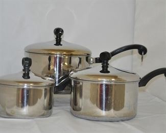 VINTAGE ALUMINUM CLAD FABERWARE STAINLESS STEEL STOCK/SAUCE PANS, THREE PIECE SET WITH LIDS. 1, 2 AND 3 QUART.  OUR PRICE $60.00