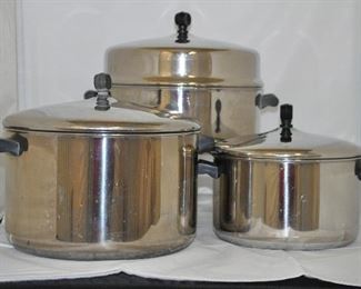 VINTAGE ALUMINUM CLAD FARBERWARE STAINLESS STEEL STOCK/SAUCE PANS, THREE PIECE SET WITH LIDS. 4, 5 AND 8 QUART. OUR PRICE 60.00