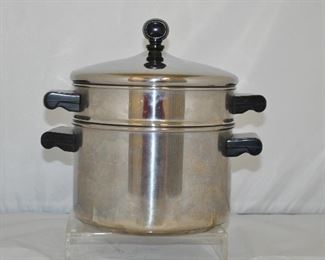VINTAGE ALUMINUM CLAD FARBERWARE STAINLESS STEEL DOUBLE BOILER. 3 QUART. OUR PRICE $25.00