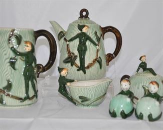 PRICE REDUCED!! ADORABLE  VINTAGE JACK AND THE BEANSTALK L. BATLIN AND SONS ELF PIXIE TEA SET, INCLUDES A TEA POT, PITCHER, CREAM AND LIDDED SUGAR AS WELL AS SALT AND PEPPER. MADE IN JAPAN OUR PRICE $95.00