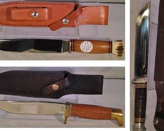 PRICES REDUCED!!  JIM BEHRING "TREEMAN" RANDALL MADE SHEATH, OVERALL 11.5", BLADE IS 7.25". OUR PRICE $450.00; LIKE NEW, CUSTOM VOORHIS HIGHLY POLISHED 6.75" FIXED BLADE AND LEATHER SHEATH, WALNUT SCALES AND BRASS GUARD AND BUTT. STAMPED 1161. OVERALL 11.5". OUR PRICE $360.00;  ANTIQUE KINFOLKS FIGHTER 8" FIXED BLADE KNIFE WITH LEATHER SHEATH (SHOWS WEAR). C. 1920'S. OUR PRICE $135.00  