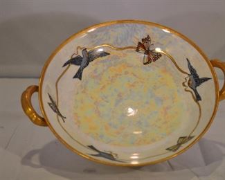 PRICE REDUCED!  BEAUTIFUL FOOTED LUSTER WARE BIRD AND BUTTERFLY DISH. OUR PRICE $48.00