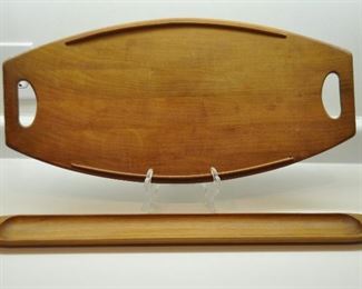 PRICE REDUCED!!  GREAT MCM TEAK TRAYS MADE IN DENMARK. DANSK SURFBOARD TRAY IS 23.5"W X 11.5"H. AND KALMAR BAGUETTE TRAY IS 26"W X 3"H. SLIGHT SCRATCHES ON BOTH.  PRICE FOR SURFBOARD IS  PRICE $60.00 AND THE PRICE FOR THE BAGUETTE TRAY IS $20.00