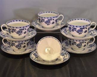 PRICE REDUCED!  SET OF 6 MINTON BLUE DELFT CUPS AND SAUCERS. OUT PRICE $68.00