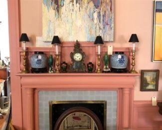 Ceramic garden stools, brass candlesticks 