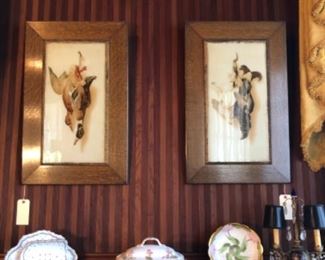 Framed hunting scenes, porcelain serving ware 