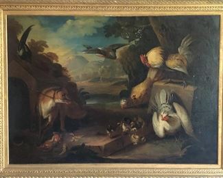 "Fowl Frightened by Fox" oil on canvas from Hondecoeter workshop (1636-1695)