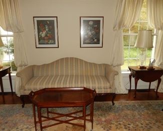 Camelback sofa, drop leaf table, tray style coffee table