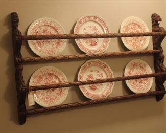 Beautiful vintage carved walnut wood wall plate holder