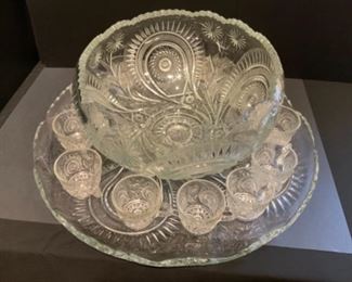 Crystal punch bowl w/ 12 cups and plate 