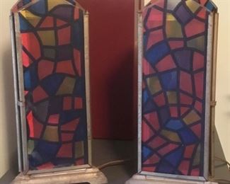 ANTIQUE TRI-FOLD STAINED GLASS "LOOK" LAMPS
