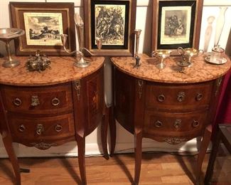 Pair of marble top, inlaid, Demi-lune French cabinets