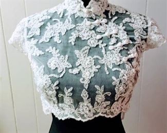 Size 10 Off-White Lace Wedding Bridal Jacket Top with Cap Sleeves