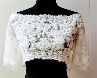 Maggie Sottero Size 10 Designer Ivory Lace Off Shoulder Bridal Jacket Bolero Top