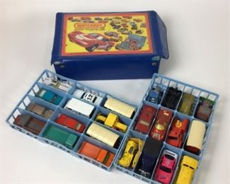 Matchbox car case and 18 cars