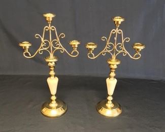 Pair of brass and stone vintage candlesticks