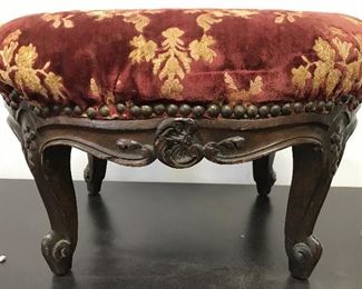Antique Carved Wooden Upholstered Footstool