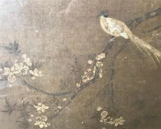 Asian Painting on Fabric Pheasant on Branch Artwork