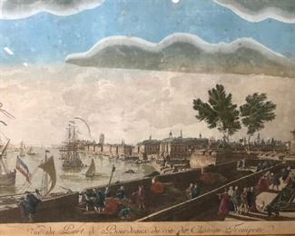 French Colonial Waterside Townscape Lithograph