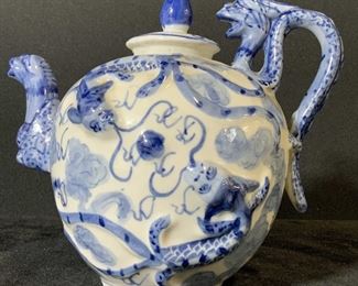 Signed Asian Blue & White Ceramic Dragon Teapot