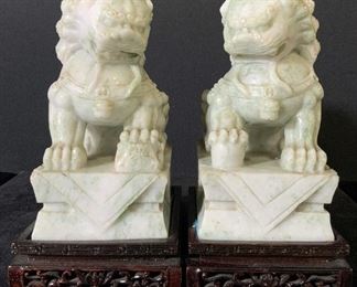 Pair Carved Chinese JADE Fu Dogs W. Wooden Stands