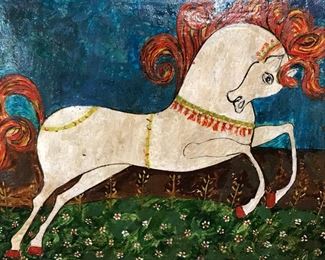 Medieval Style Painting of Horse on Wood Panel Art