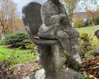 Vntg Stone Fisherman W Chair Garden Statuary 41in