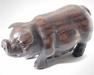 Antq Asian SIGNED Carved Wood PREGNANT PIG NETSUKE
