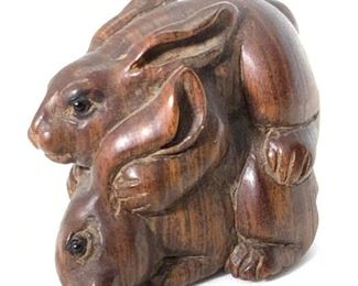 Antq Signed Asian Carved Wood MATING HARES NETSUKE